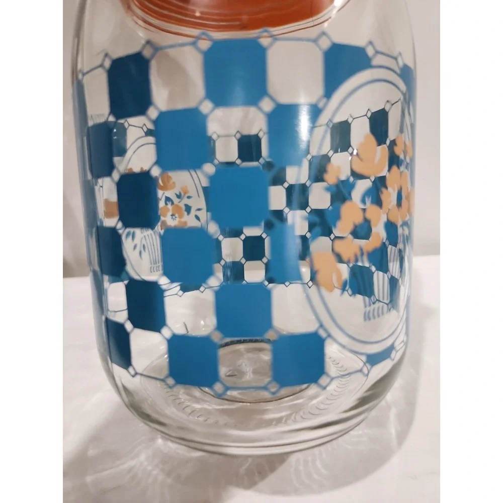 Vintage Carlton Glass Jar With Blue Checkered Pattern And Floral Design‎